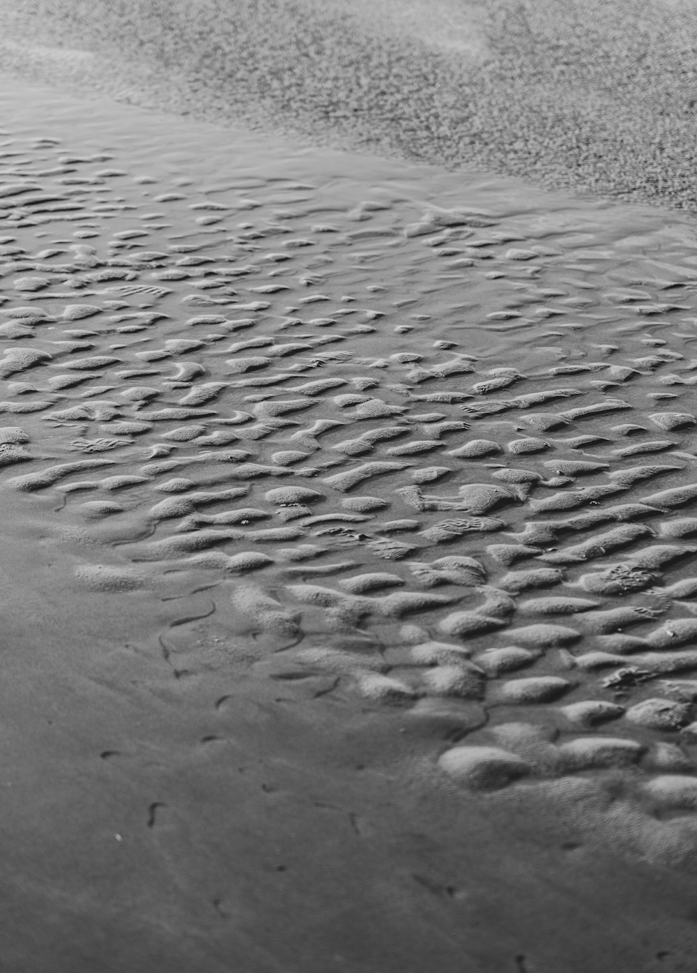 a black and white photo of sand and water