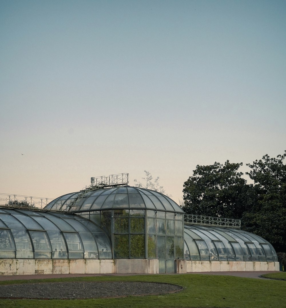 a large glass building sitting in the middle of a park