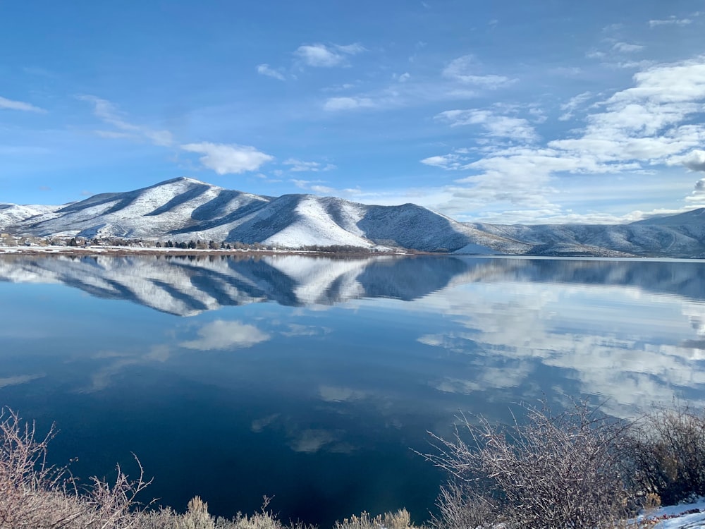 a large body of water surrounded by snow covered mountains