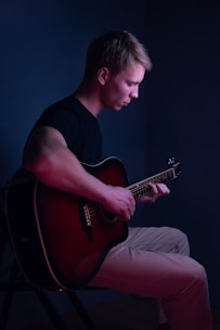 a man sitting in a chair playing a guitar