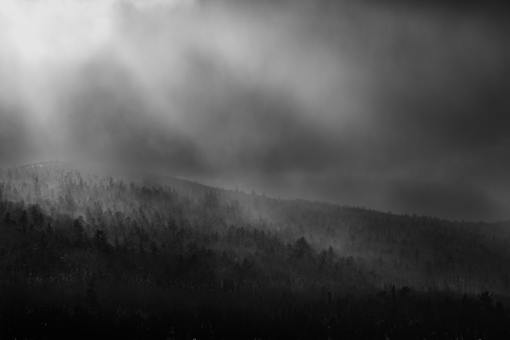 a black and white photo of a foggy mountain