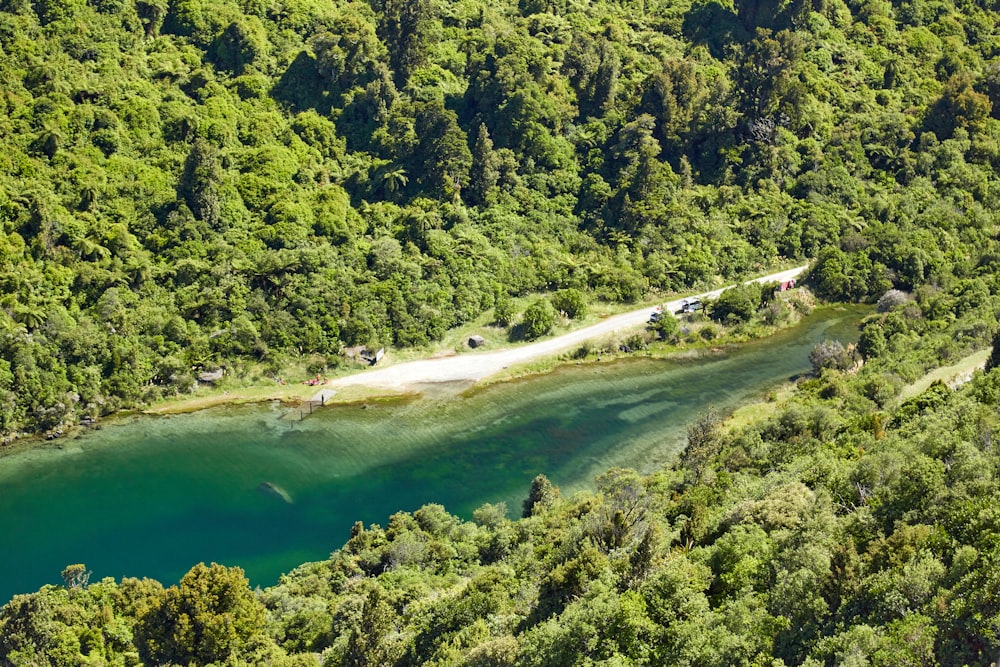 an aerial view of a river surrounded by trees