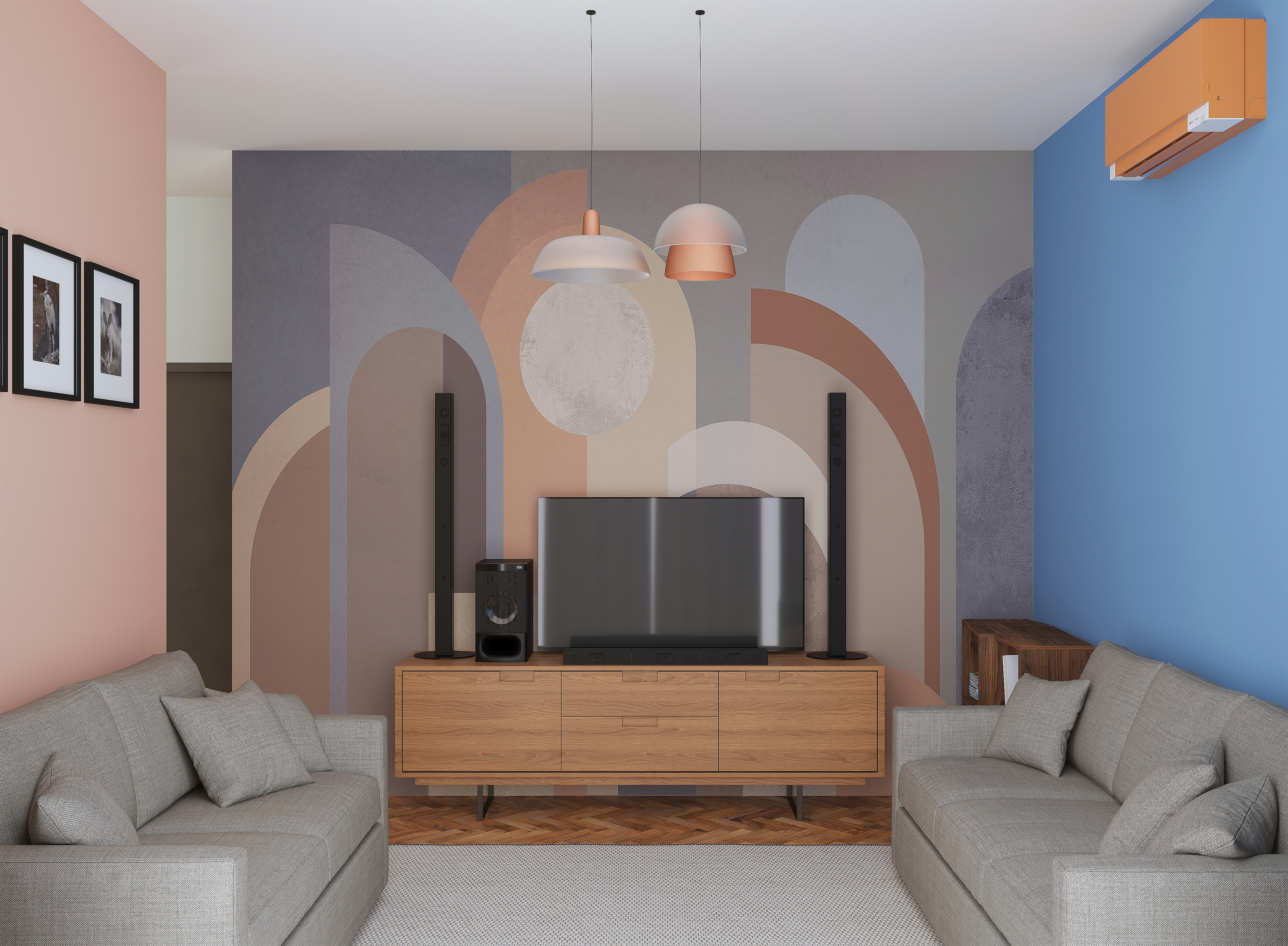 a living room with two couches and a tv