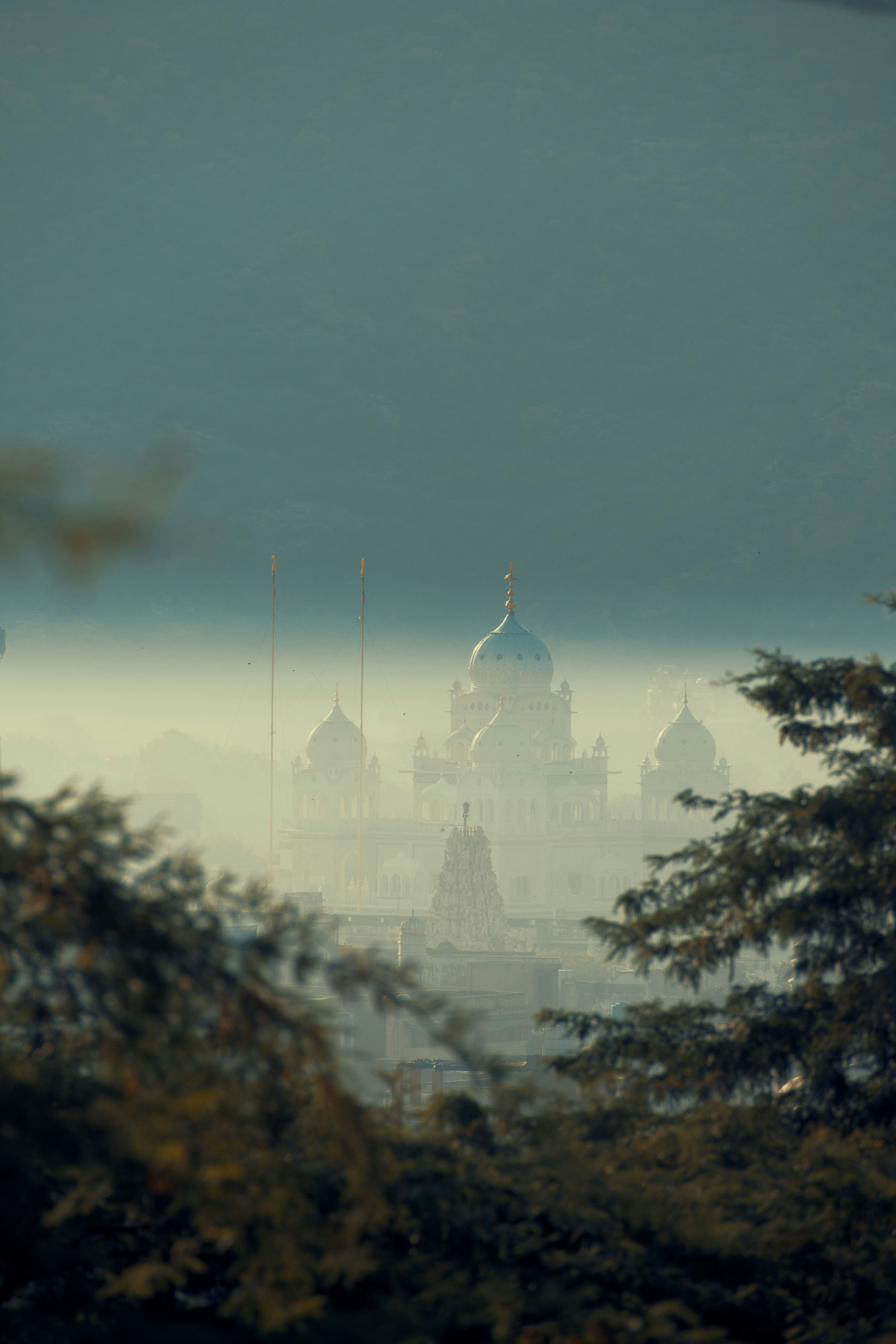 a view of a building through the trees
