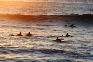Several surfers paddle through the water towards the waves during sunset, creating silhouettes against the shimmering ocean surface. The sky and sea are bathed in warm tones of orange and gold.