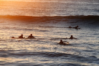 Several surfers paddle through the water towards the waves during sunset, creating silhouettes against the shimmering ocean surface. The sky and sea are bathed in warm tones of orange and gold.