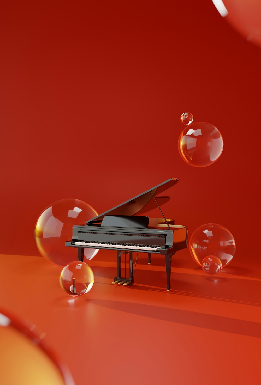 a grand piano with soap bubbles floating around it