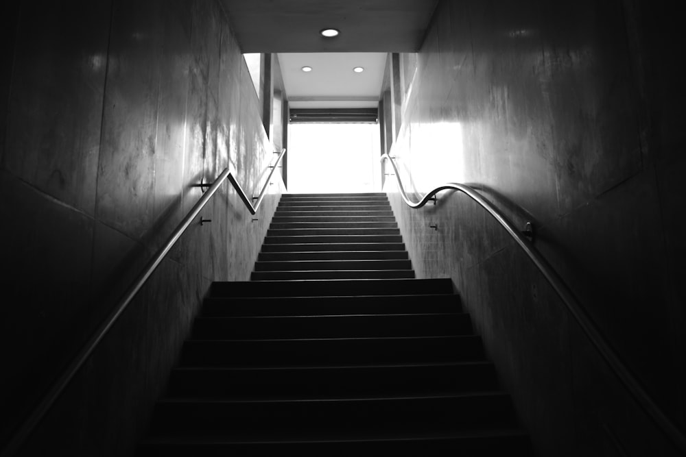 a black and white photo of a stairway