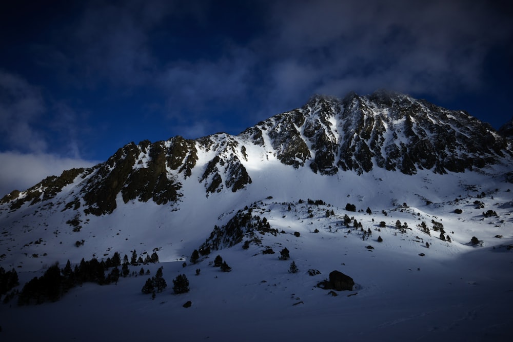 a mountain covered in snow under a cloudy sky