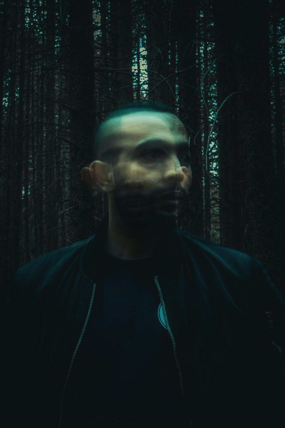 a man standing in front of a forest filled with trees