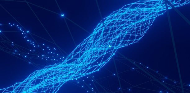 Bild digitales Drahtnetz – Blaues 3D-Drahtgitter mit Lichtpunkten.