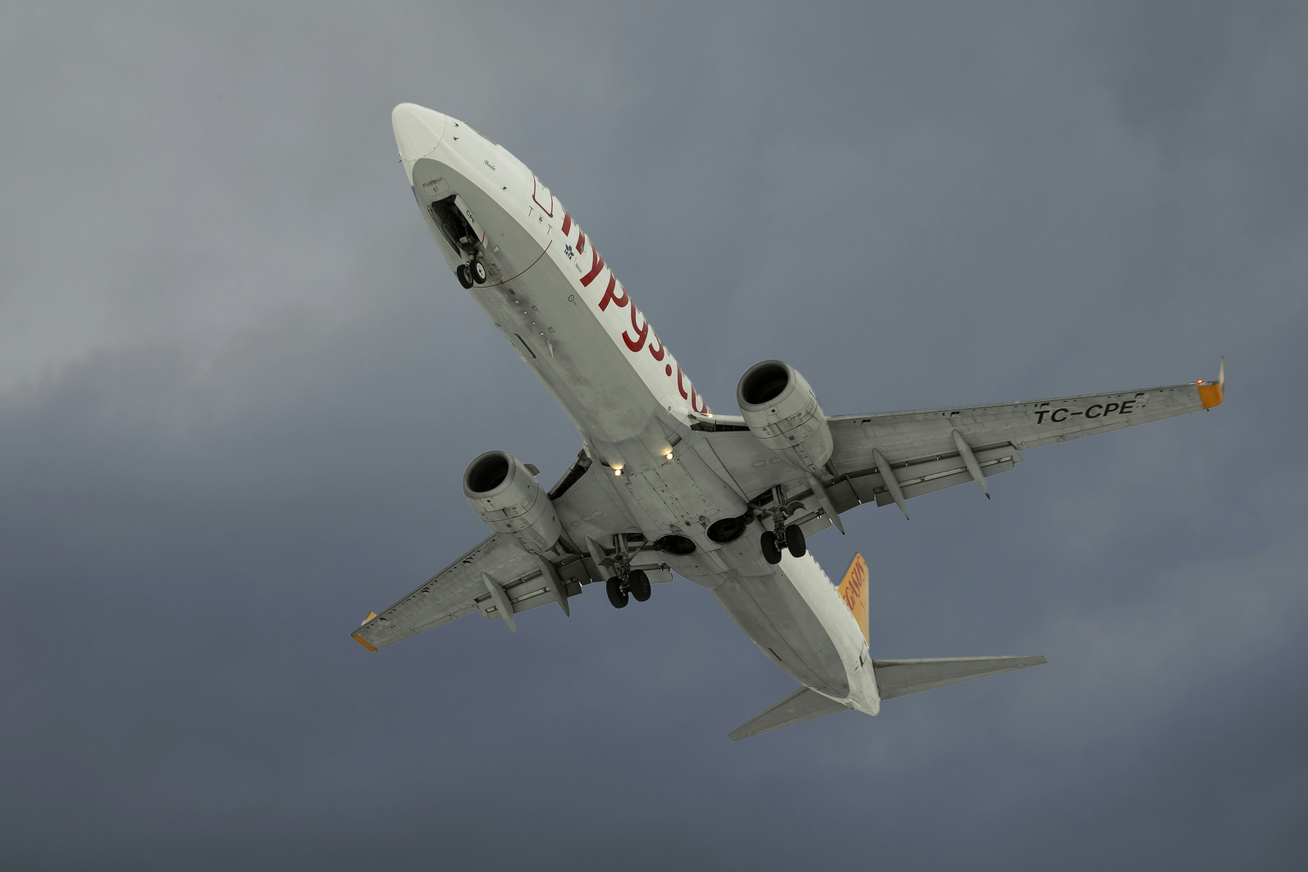 a large jetliner flying through a cloudy sky, Pegasus Boeing737 is arriving