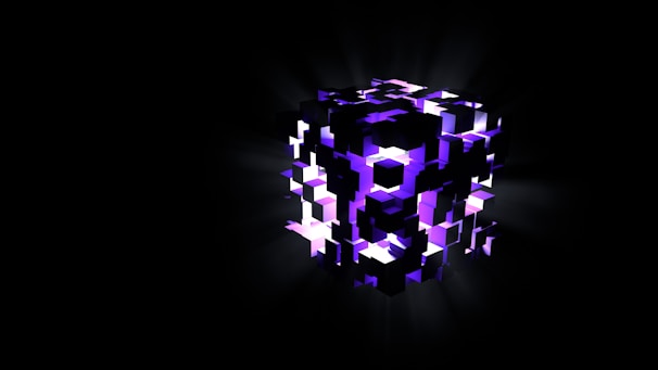 A 3D-rendered digital shield made of glowing code cubes, pulsating softly against a dark cyber grid background.