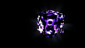 Holographic cube emitting layers of translucent data streams in a dark futuristic setting.