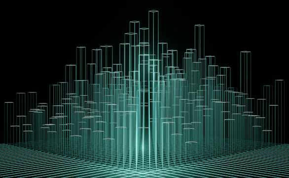 An abstract representation of data streams flowing between digital platforms and governance structures in a minimalist style.