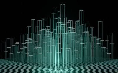 A digital abstract representation featuring multiple transparent green bars arranged in a clustered formation against a dark background. The bars appear to be illuminated, with a wireframe grid at the base.
