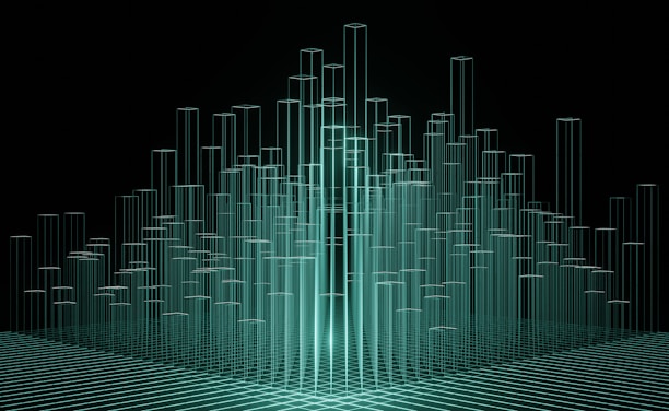An abstract representation of growth with a rising arrow and digital elements.