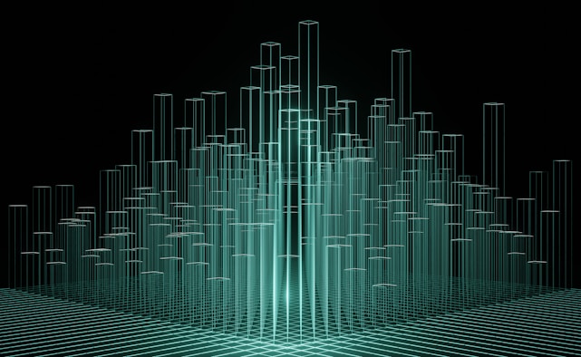 Abstract dark financial grid with blue and green highlights