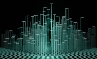 A digital abstract representation featuring multiple transparent green bars arranged in a clustered formation against a dark background. The bars appear to be illuminated, with a wireframe grid at the base.
