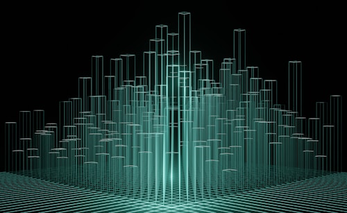 A digital abstract representation featuring multiple transparent green bars arranged in a clustered formation against a dark background. The bars appear to be illuminated, with a wireframe grid at the base.