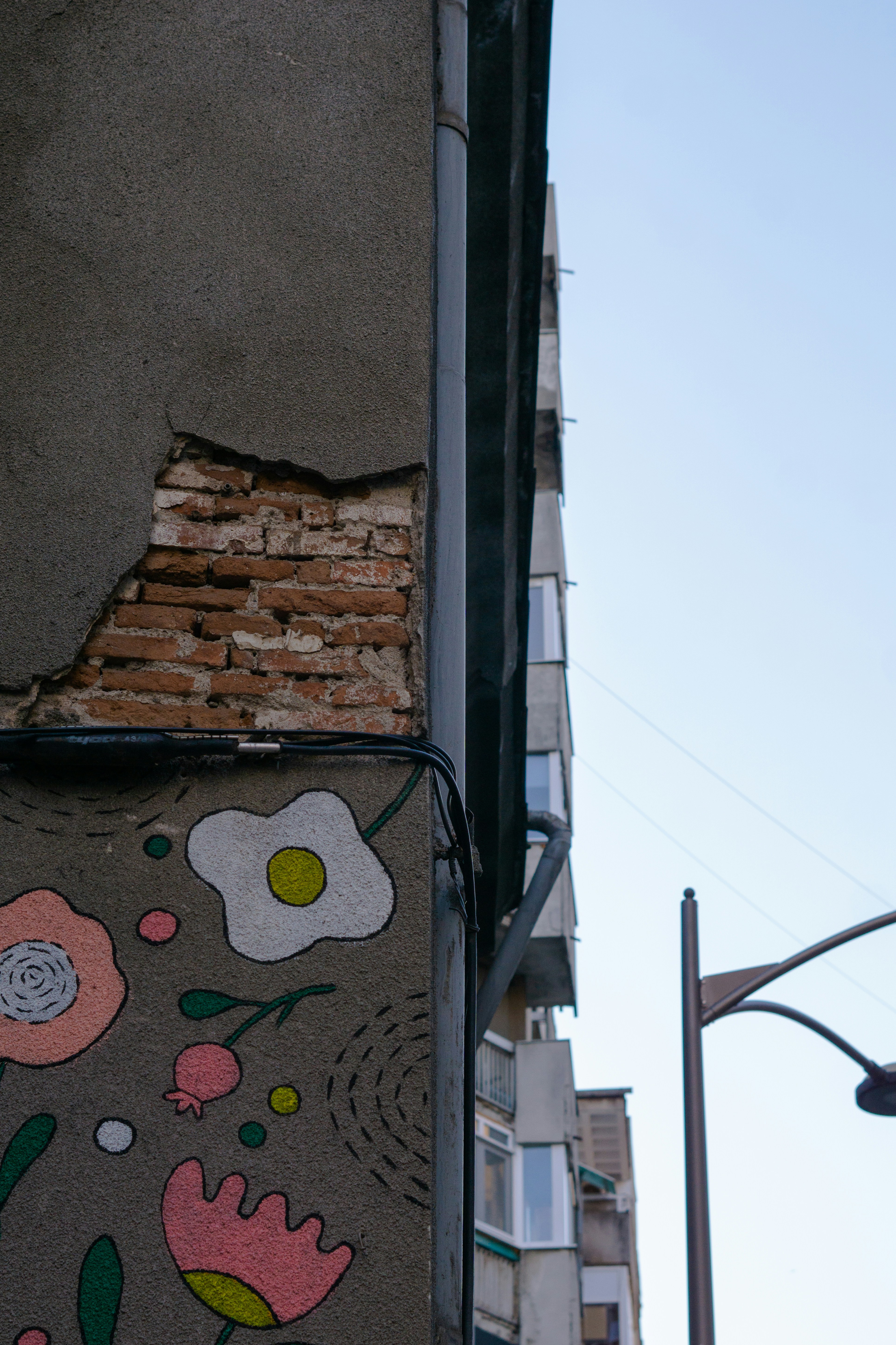a brick wall with flowers painted on it