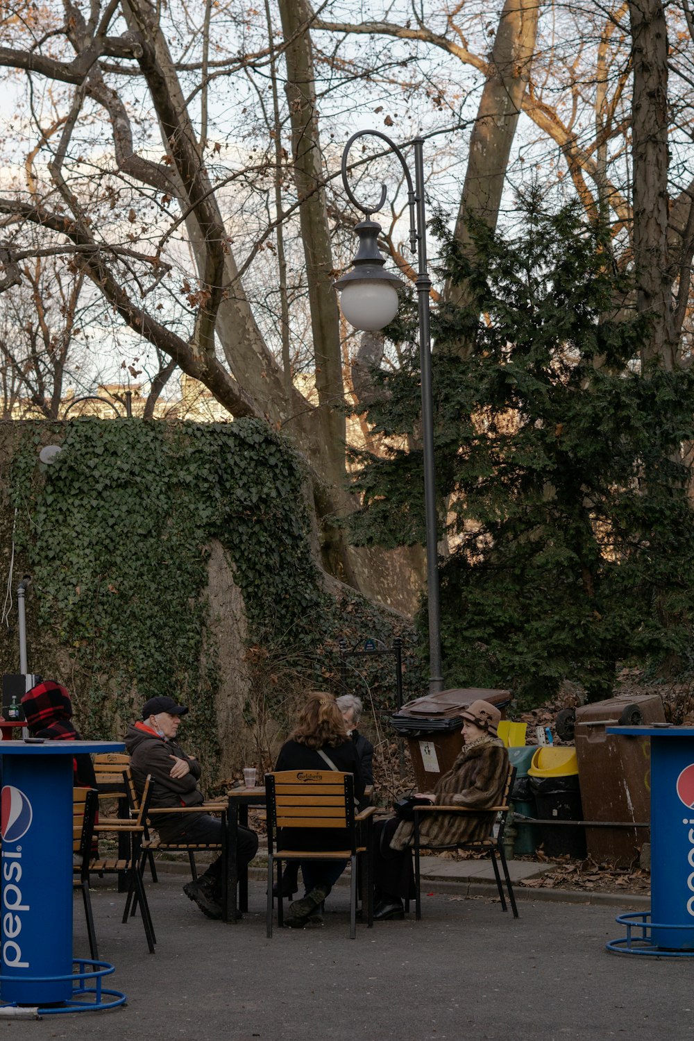 a group of people sitting around a table in a park