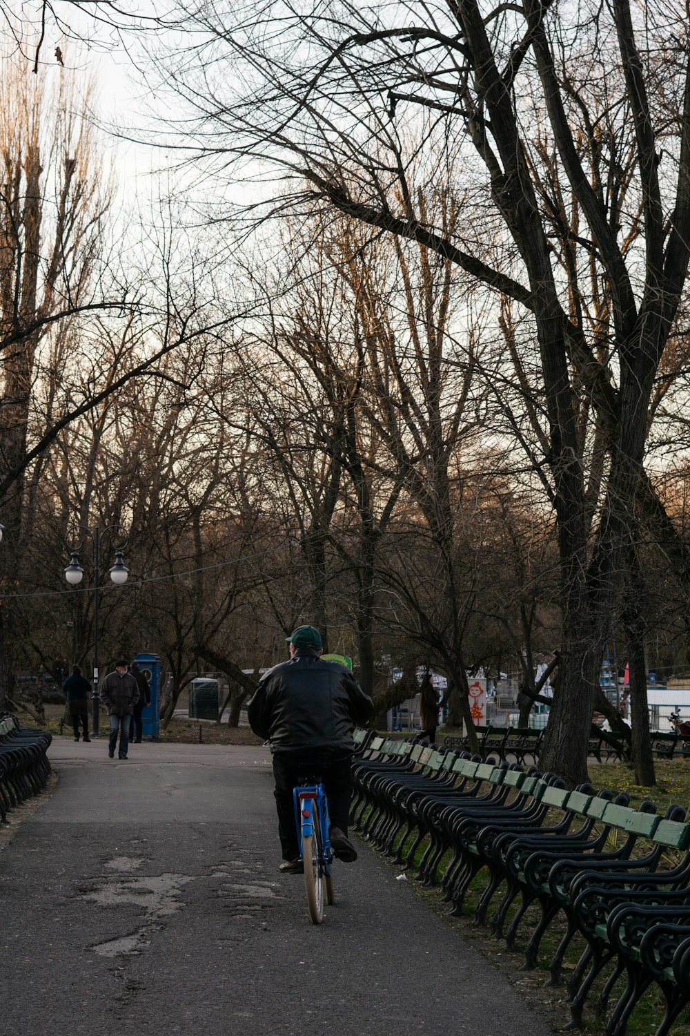 a man riding a bike down a sidewalk next to a park