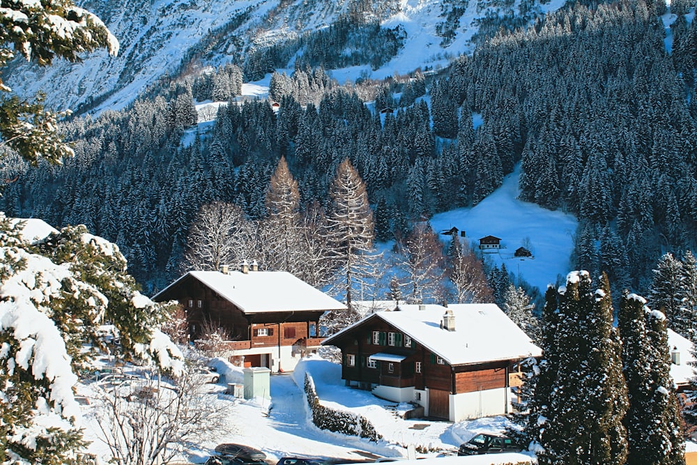 a ski lodge surrounded by snow covered mountains