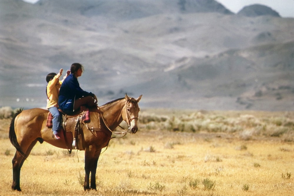 a couple of people riding on the back of a brown horse