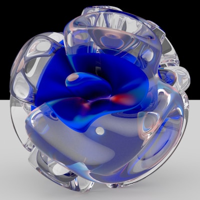 Abstract glass sculpture reflecting beams of divine light through a foggy atmosphere