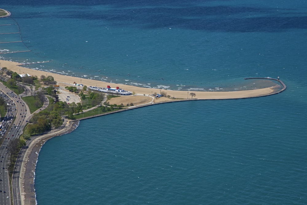 an aerial view of a large body of water