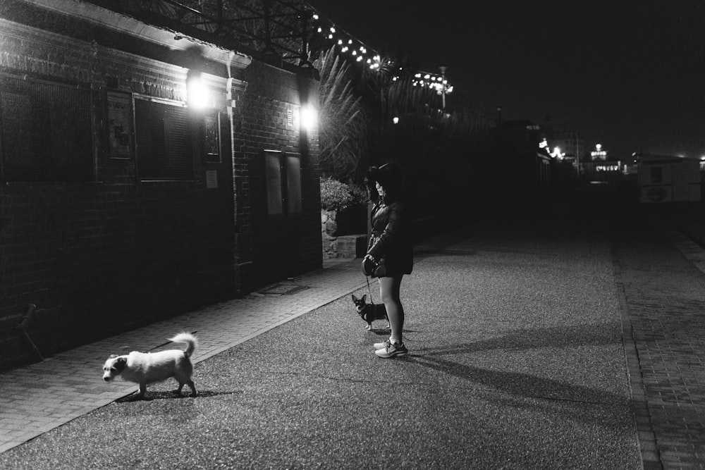 a woman walking a dog down a street at night