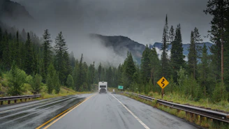a truck driving down a road in the middle of a forest