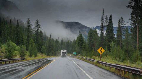 a truck driving down a road in the middle of a forest