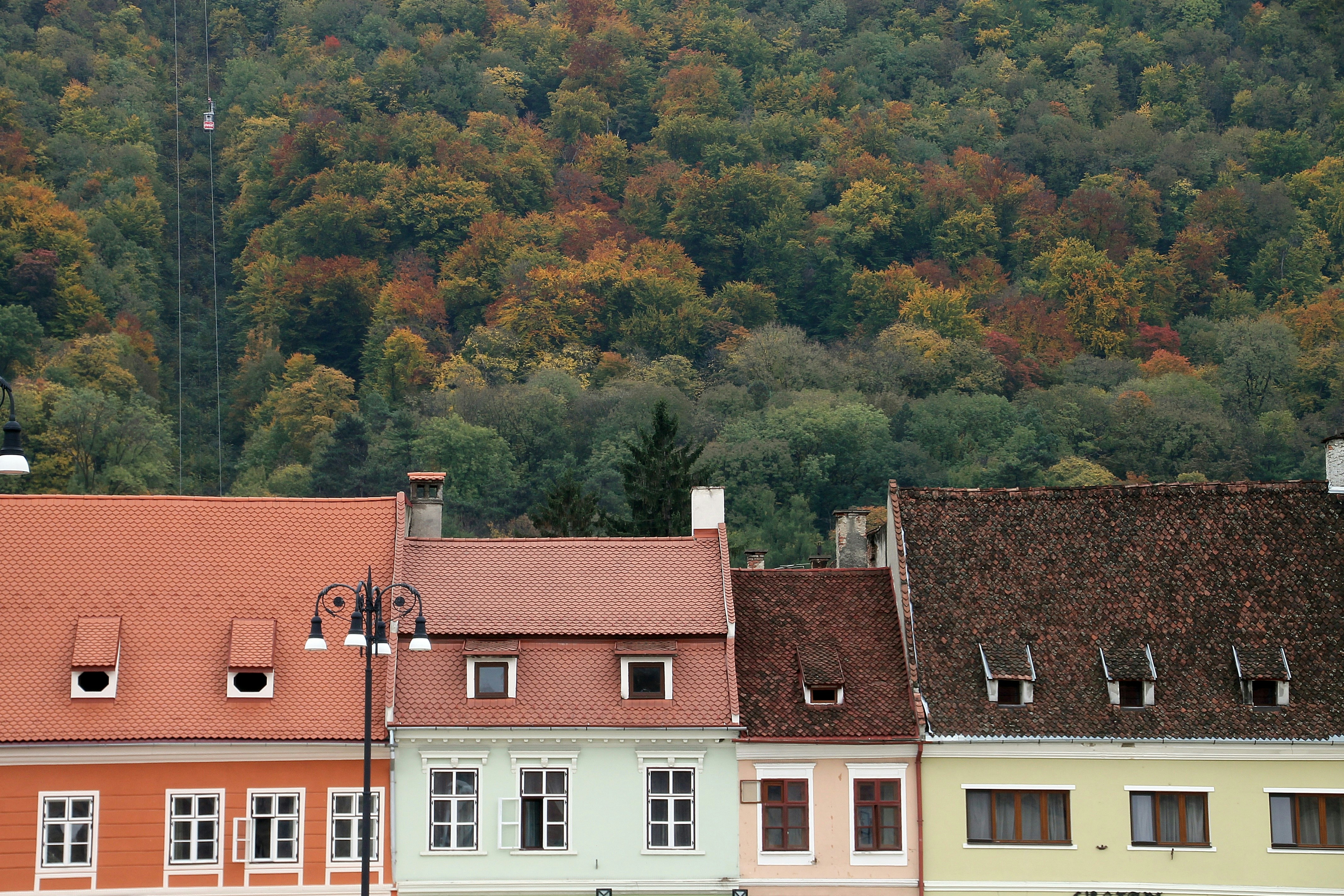 a row of houses with trees in the background