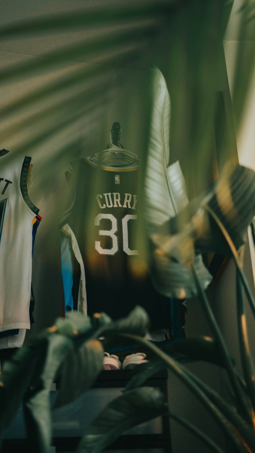 una camiseta de baloncesto en una mesa junto a una planta