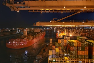 Modern container ships unloading at a bustling port under bright cinematic lighting.