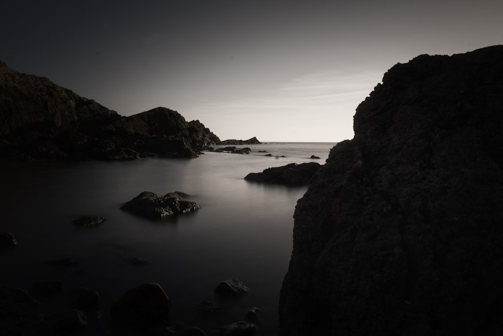 a black and white photo of a body of water