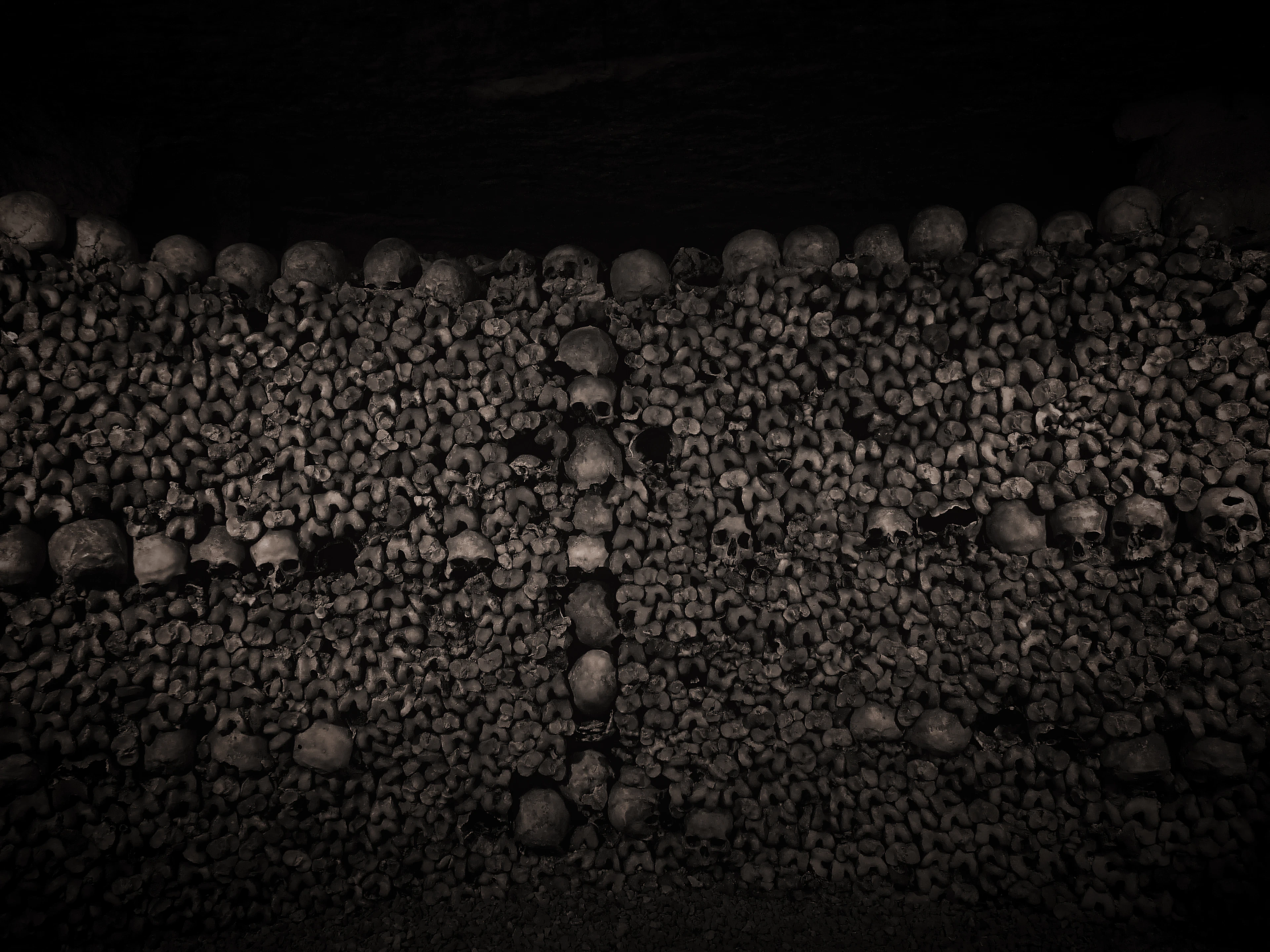 An ossuary wall in the Paris Catacombs of stacked femurs with rows and a cross of skulls