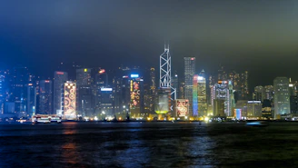 A sleek, dark city skyline at night with subtle glowing lights reflecting a modern urban vibe.