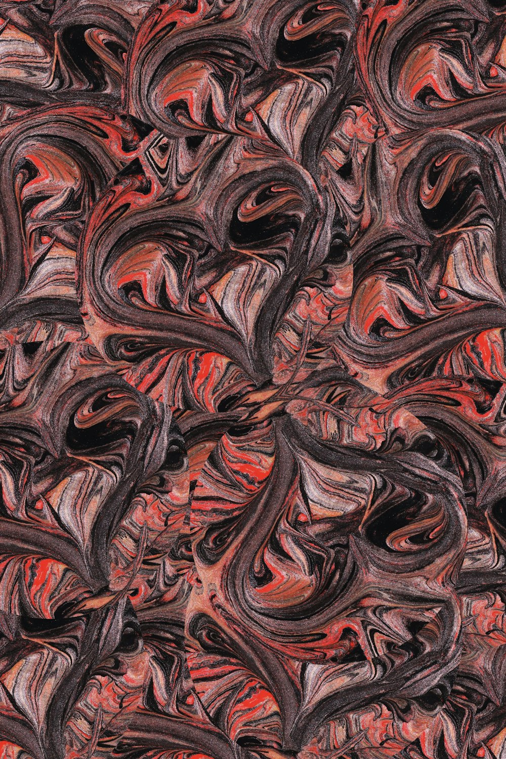 an abstract painting of red and black swirls