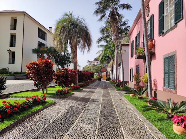 Lush gardens bursting with tropical flowers framing a cobblestone street in Funchal