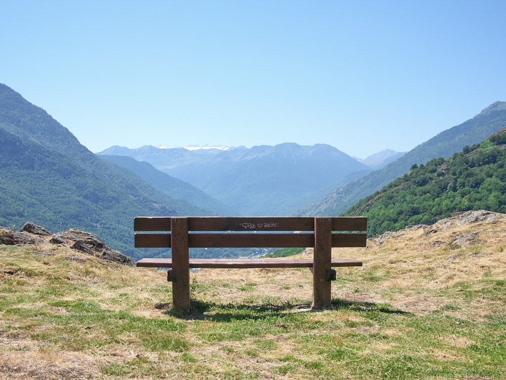 a wooden bench sitting on top of a lush green hillside