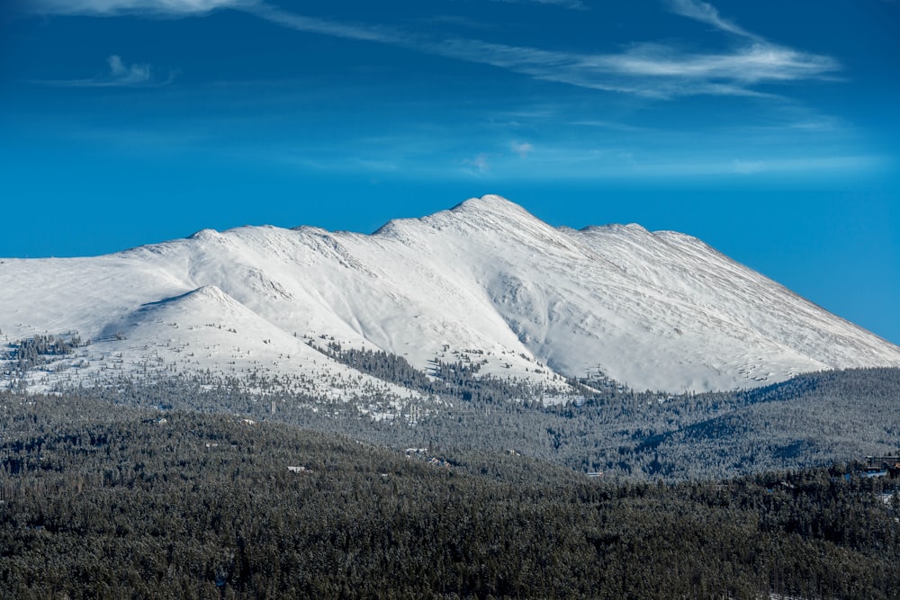 a mountain covered in snow under a blue sky