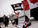 Protest scene with Canadian flags and signs displaying anti-government messages. The setting appears to be snowy, with several individuals holding placards. Prominent signs include phrases advocating for the end of lockdowns and mandates.