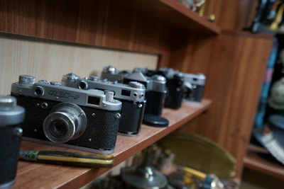 An array of classic and contemporary cameras lined up on a rustic shelf.