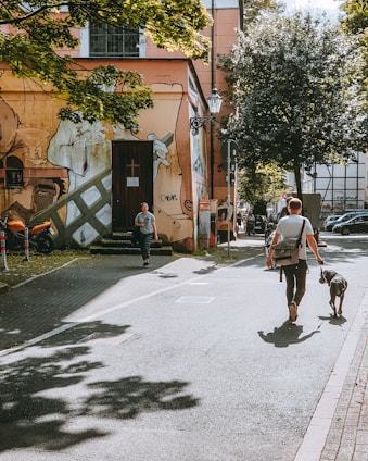 a man walking a dog down a street