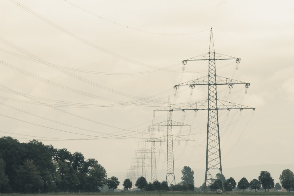 a couple of power lines sitting above a lush green field