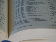 An open book with text in a serif font is visible, showing paragraphs separated by numbers. The focus is on a section written in verse format. The pages appear slightly curved, giving a three-dimensional effect.