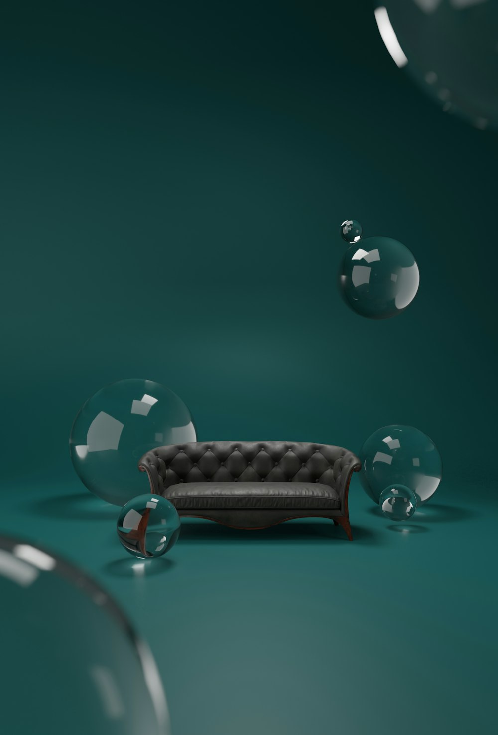a couch sitting on top of a green floor